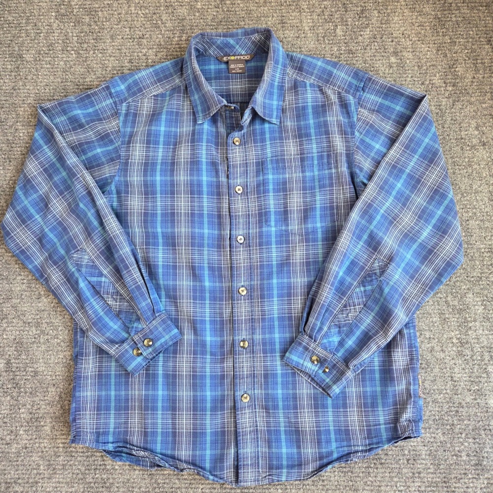 ExOfficio Mens Blue Plaid Long Sleeve Button Down Shirt Hidden Pocket Large